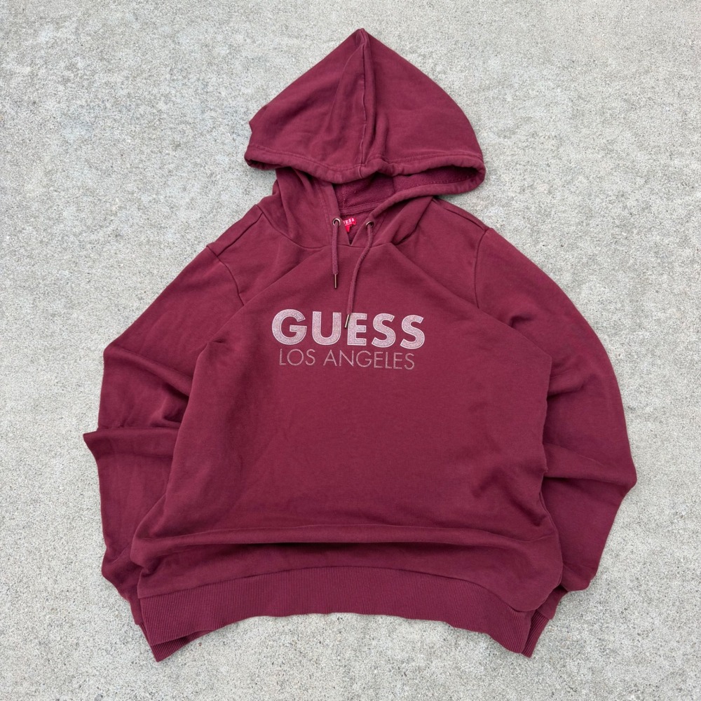 Y2K GUESS Los Angeles Womens XL Burgundy Maroon Glitter Logo Pullover Hoodie